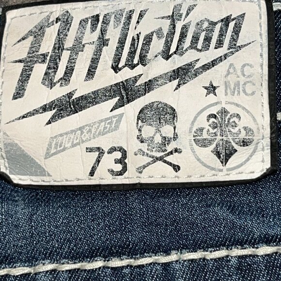 AFFLICTION 73 MMA JADE Top Stitched Denim Distressed Low Rise Flare Jeans EUC 27 - Picture 10 of 14